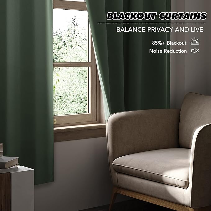 KGORGE Short Curtains 45 inch Length, Privacy Thermal Insulated Curtains Noise Reducing Window Drapes for Bedroom Kitchen, Back Tab Rod Pocket, W52 x L45 inches, Dark Green, 2 Panels