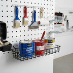 G.CORE Large Peg Board Baskets - 2 Pack Metal Shallow Tray Shelves for 1/4 Pegboards - Spray Bottle Holders Can Organizers for Garage Workbench Shop Hobby Craft Tool Organization (Black)