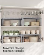 SONGMICS Spice Racks, Set of 2 Metal Cabinet Shelf Organizers, Countertop Organizers, Shelf Risers, Stackable, Expandable, Silver UKCS401G01