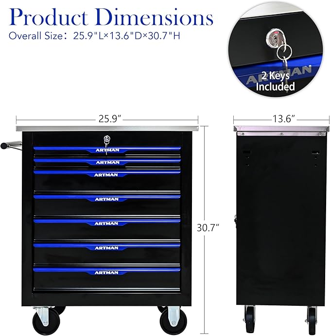 7 Drawer Rolling Tool Chest with Locker, 25.9" D Metal Movable Lockable Tool Cart Box Multi-Functional Hardware Storage Cabinet Box for Warehouse Basement Home Pantry Garage