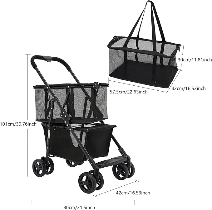 Foldable Shopping Cart, 110lbs Grocery Stroller with Removable Basket, Portable Personal Collapsible Cart with Wheels, Snack Storage Utility Cart for Supermarket Living Room Grocery