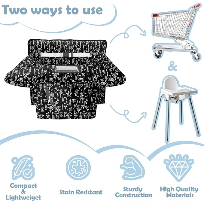 Shopping Cart Cover for Baby Girl Boy 2-in-1 High Chair Water Resistant High Chair Cover Black Flower Gender Neutral Cart Cover for Babies Padded Grocery Cart Cover for Baby