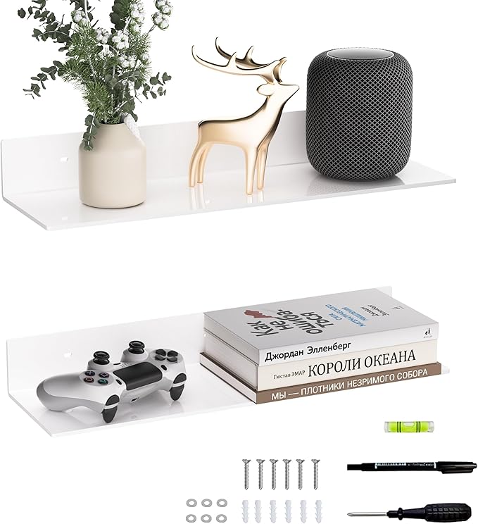 20 Inches Acrylic Wall Shelves 2 Pack, Floating Shelf for Wall Mounting, Acrylic Display Ledges for Funko Pop Figures, Home Décor, Living Room, Gaming Room, Plants(20 inch, White)