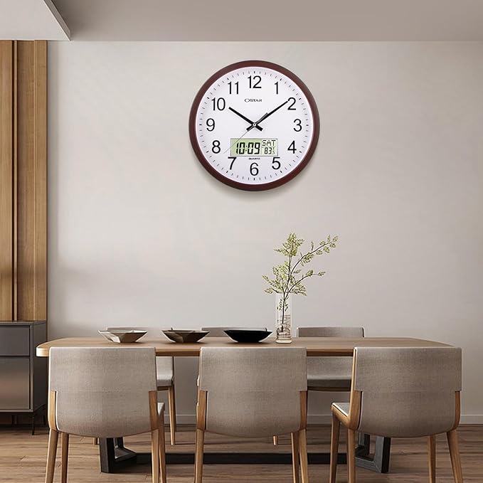 OSTAR 14" Large Analog Digital Display Wall Clock Silent Non-Ticking, Day of The Week Temperature Battery Operated Clock for Living Room Bedroom Kitchen