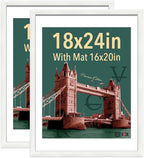 VCK 18x24 Frame 2 Pack, Exclusive Textured Solid Wood Poster Frame, Display Picture 16x20 with Mat or 18x24 without Mat, White