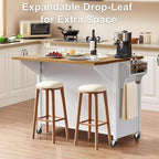 52" Retro Kitchen Island with Storage, Embossed Texture Kitchen Island on Wheels with Drop Leaf, Adjustable Shelf & Oak Veneer Tabletop, Spice/Towel Rack, White