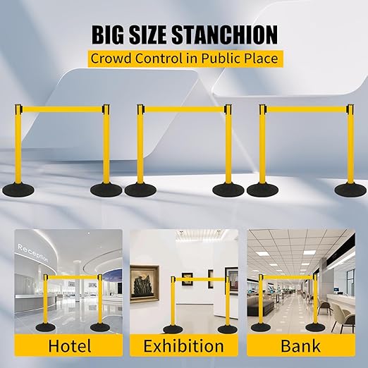6PACK Crowd Control Stanchions Yellow Set BESEA Heavy Duty Crowd Control Barriers with 10' FEET Black Retractable Belt, Heavy Duty Rubber Base, Easy to Install (6PACK)
