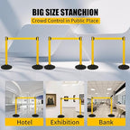 6PACK Crowd Control Stanchions Yellow Set BESEA Heavy Duty Crowd Control Barriers with 10' FEET Black Retractable Belt, Heavy Duty Rubber Base, Easy to Install (6PACK)