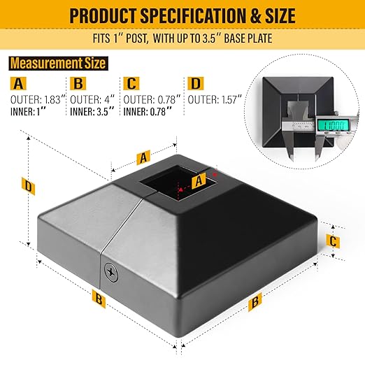 1.0"x1.0"（Actual: 1.0"x1.0"） Deck Post Base Cover Decorative Post Base Trim Skirt Black Aluminum 1Pack