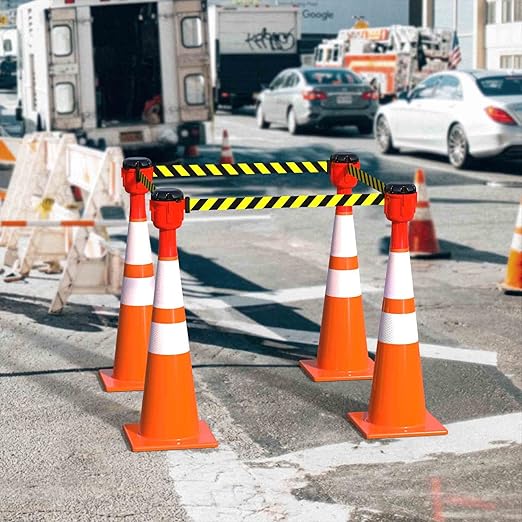Cone-Mounted Retractable Belt Barrier with Orange Case and 40 Foot Black/Yellow Belt