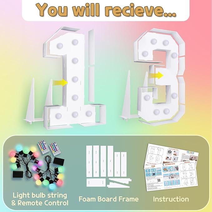 Marquee Numbers Colorful 13th Birthday Decoration: 4FT Large Light Up 13 Year Old Birthday Decorations Anniversary Backdrop Cardboard Sign 18 Colors Number 13 Mosaic Balloon Frame