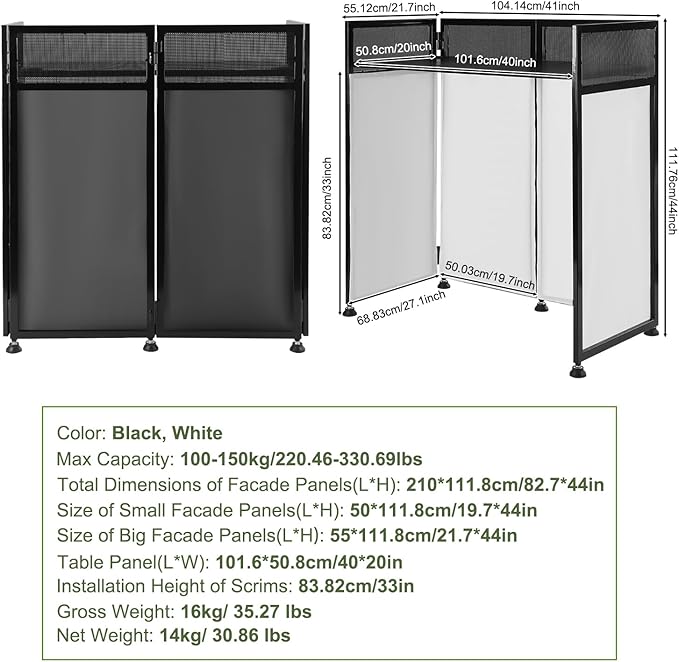 Outdoor Backyard Party Pro DJ Booth Facade+2 Scrims,82.7x44inch Folding DJ Booth DJ Facade Table Station Flat Table for Bars, Music Festivals, Weddings