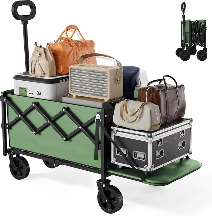 Collapsible Wagon with Wheels & Tailgate, 350LBS Wagons Carts Foldable Heavy Duty, Lightweight Portable Folding Utility Wagon Grocery Shopping Cart for Garden, Camping, Beach (Green)