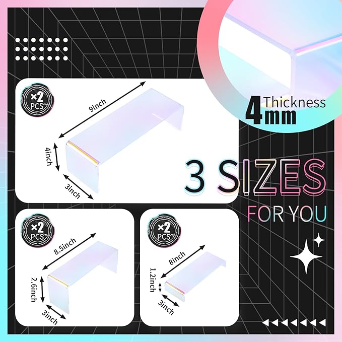 Iridescent Acrylic Display Risers, 6pcs Rainbow Display Stand Rectangular Stands Showcase Transparent Display Shelf for Dessert Cupcake Collectibles Figures Jewelry Perfume Christmas Decor