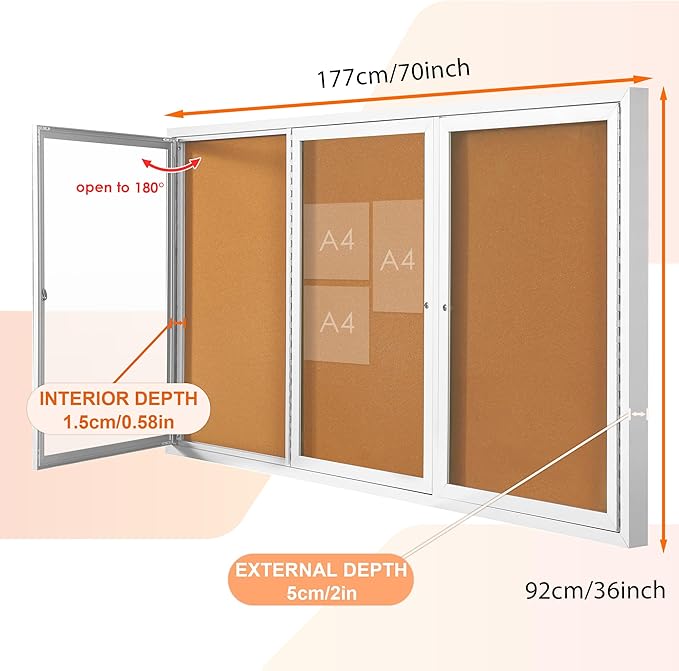 Outdoor Bulletin Board Weatherproof 72x36 in,Enclosed Bulletin Board with Locking Door, Wall Display Case for Office School Home Commercial, Silver Aluminum Frame, Cork