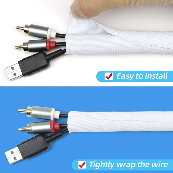 Automotive Wire Loom Tubing, Split Braided Cord Protectors from Pets No Chew, Flexible Cable Sleeve Cable Management for TV/Computer/Electric Wires (White, 1"-10ft)