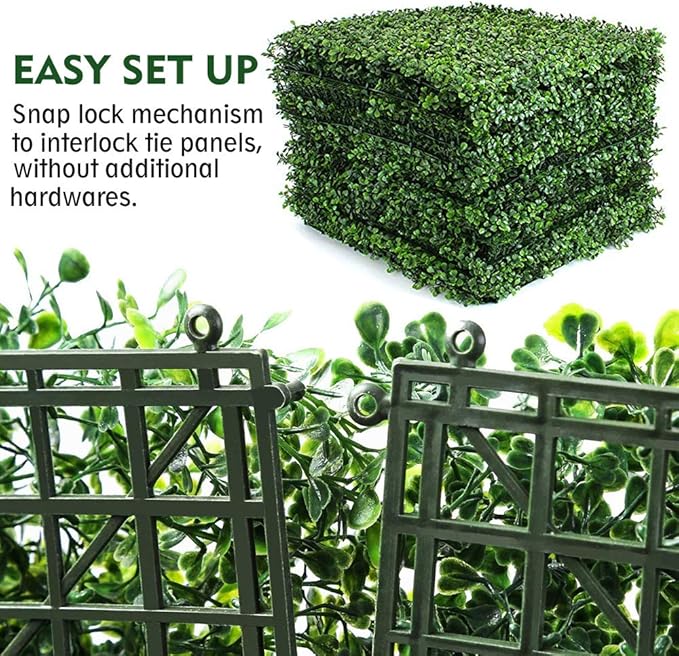 12PCS 20"x20" Artificial Boxwood Panels Topiary Hedge Plant UV Protected Faux Grass Wall Greenery Mats for Outdoor Garden Fence Backyard and Indoor Home Wedding Decoration, Dark Green