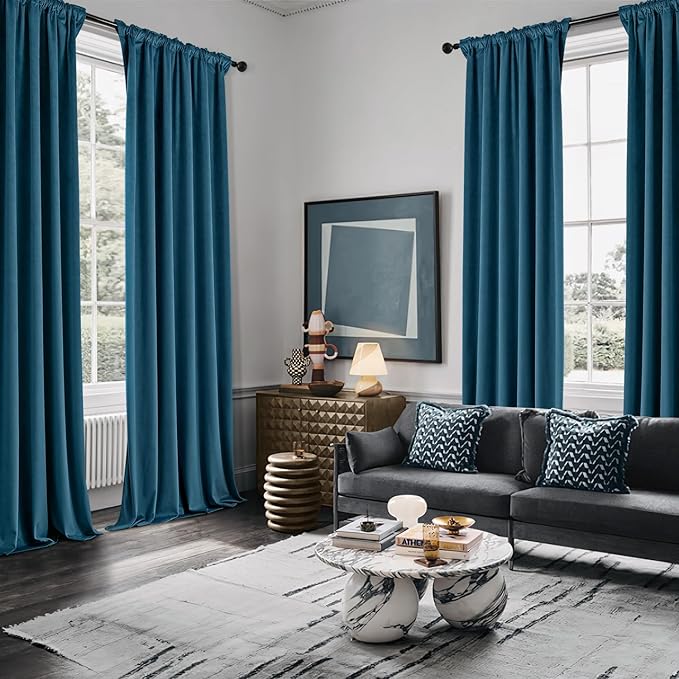 MIULEE Velvet Curtains 108 Inch Length 2 Panels Set for Bedroom, Pinch Pleat Back Tab Luxury Thermal Insulated Living Room Darkening Pleated Blackout Extra Long Window Curtain with Hooks, Peacock Blue