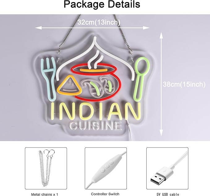 Indian Cuisine Neon Sign, Indian Food Neon Lights Hanging Wall Art Decoration for Indian Restaurant Fast Food Shop/Truck, Bar, Pub, USB Powered Ultra Bright Dimmable, 14.96×12.6 inches