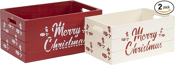 Red Co. Set of 2 Red and White Decorative Nesting Wooden Merry Christmas Storage Crate Organizers with Lettering