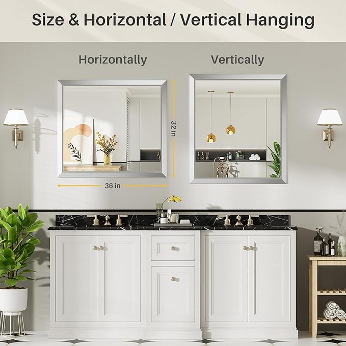 36x32 Inch Brushed Nickel Bathroom Mirror for Wall, Thick Metal Framed Rectangle Mirrors for Over Sink, Bedroom, Living Room, Entryway, Anti-Rust, HD Tempered Glass