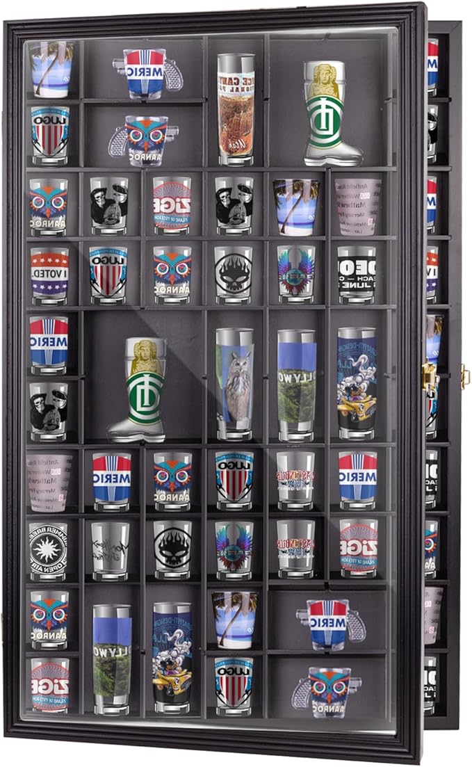 Removable Giant Shot Glass Display Case,30.5 * 19 Inches,70 Slots,Removable Shelves,Fit for Lots of Sizes Shot Glasses,Wall Mount,Gold Lock,with UV Protection Acrylic Glass Door