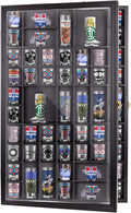Removable Giant Shot Glass Display Case,30.5 * 19 Inches,70 Slots,Removable Shelves,Fit for Lots of Sizes Shot Glasses,Wall Mount,Gold Lock,with UV Protection Acrylic Glass Door