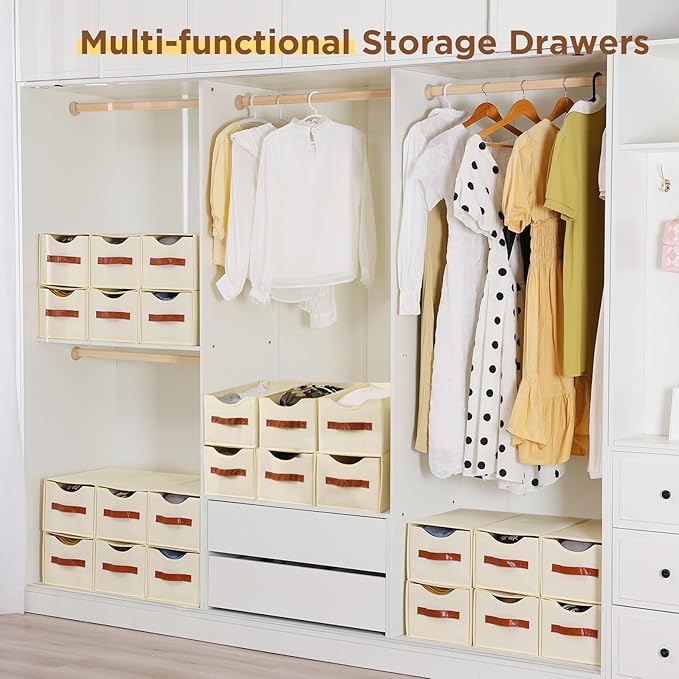 2 Pack Stackable Storage Drawers, Fabric Closet Organizers and Storage with Handles and Clear Window, Pull-Out Clothes Storage Bins with Drawer for Closet, Bedroom, Living Room, Under Bed, Beige