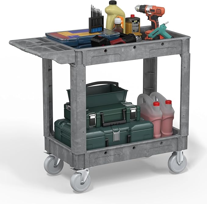 Heavy Duty Plastic Utility Cart with Wheels, Rolling Tool Cart on Wheels, Service Cart for Garage, Warehouse, Workshop, Office, Cleaning (Gray-40.6 inch)