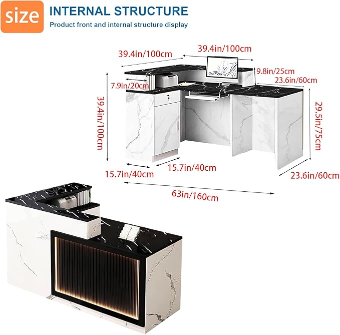 L-Shaped Reception Desk with Counter LED Light and Lockable Drawers and Storage Tall Modern Front Desk Reception Counter for Checkout Lobby Beauty Salon D Left 63inch/160cm