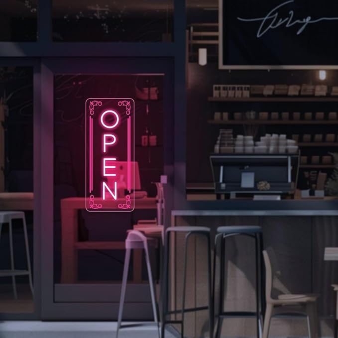 Vertical LED Open Signs for business – Super Bright - UV Printing Pattern, Remote Included - Large Size 10x24'' - Neon Open Sign for Café, Bar, Shop & Business Sign (Pink)