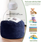 HIGOGOGO Round Stuffed Pouf Ottoman, Corduroy Poufs with Foam Chunk Filling, Furry and Fluffy Pouf Foot Stool Storage Ottoman, 26 X 18 Floor Poufs Foot Rest for Living Room, Navy