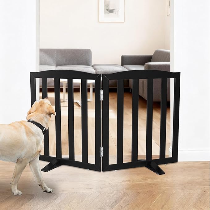 Freestanding Dog Gate Indoor,Doggie Gate Foldable Pet Gates for Doorways,Stairs or Hallways, Wooden Black Pet Gate for The House, Pet Fence with Support Feet Included,24 "Height-2 Panels