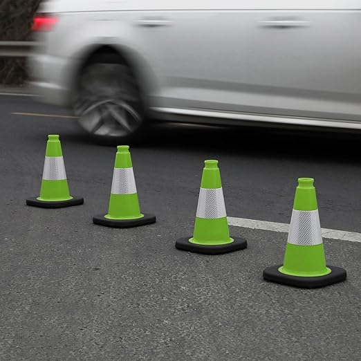 Fluorescent Orange/Green PVC Traffic Cones, Heavy Black Base Parking Lot Cone Structurally Stable Weatherproof Road Construction Safety Cones (8, Green, 12" Small)