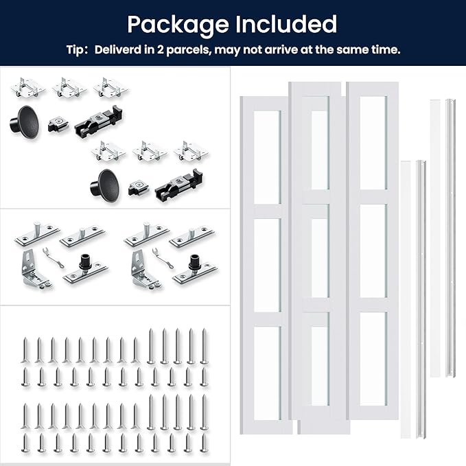 Bifold Doors for 60" x 80" Opening, 3-lite Tempered Frosted Glass Closet Folding Doors with Hardware kit Included, Easy Assembly, White