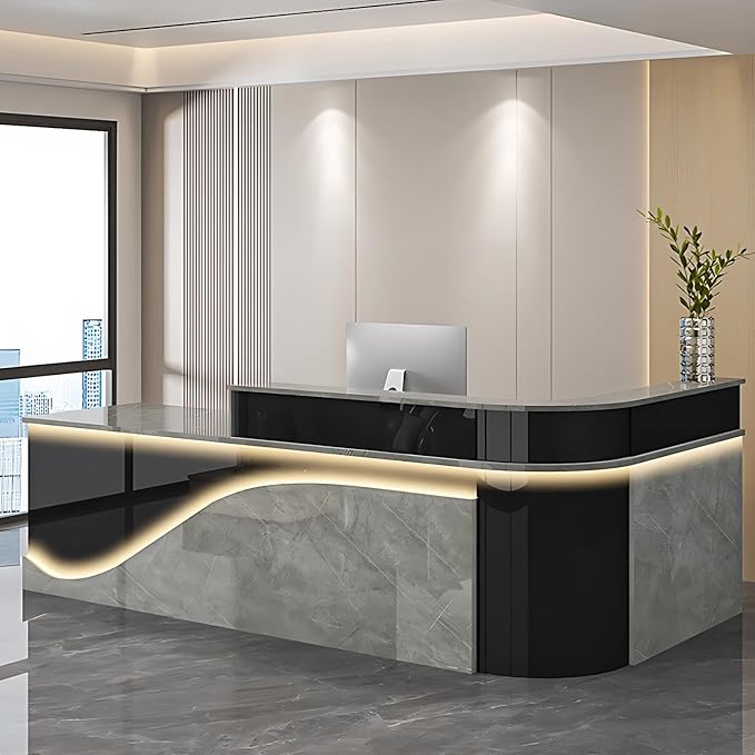 Modern Reception Desk – Front Desk, Reception Counter for Office, Checkout Counter, LED Lighting, Storage, Soft Close Drawers, Custom Logo, Fully Assembled (D,52IN)