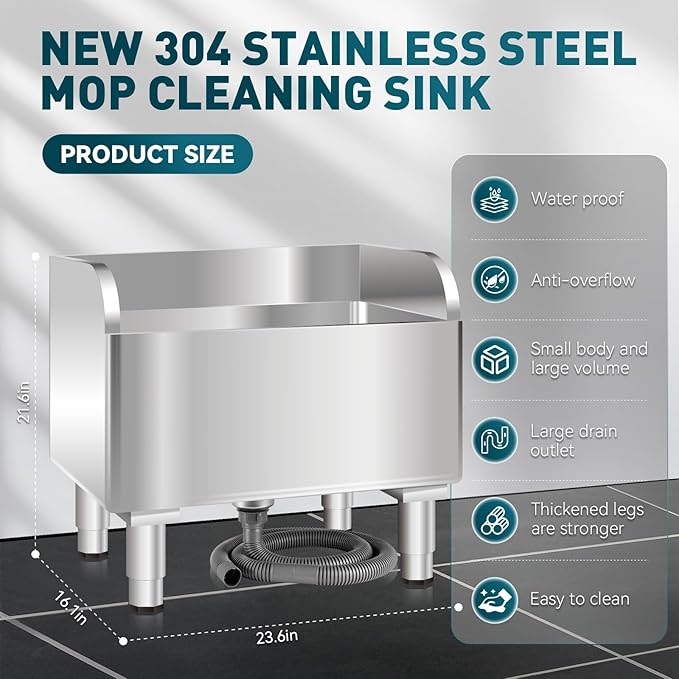 Commercial Floor Mop Sink，Stainless Steel Mop Service Basin，Floor Mount Mop Sink,Vertical industrial Sinks for balconies laundry rooms industries Restaurants (23.6”×16.1”×21.6”inch)