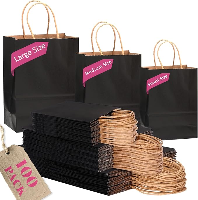 qiqee 100-Packs Black Paper Gift Bags with Handles Bulk Assorted Sizes(33pcs Large 13", 33pcs Medium 11", 34pcs Small 8")