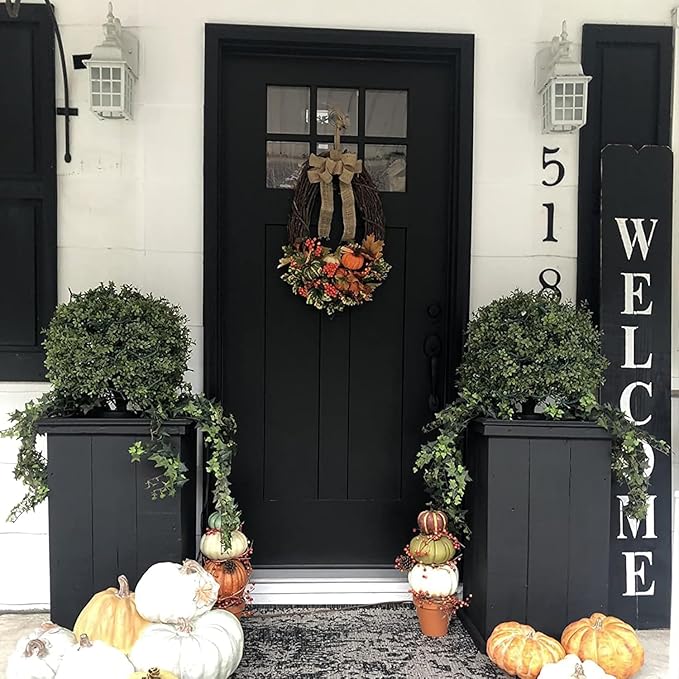 26" T x 17.5" D Artificial Boxwood Trees Set of 2 UV-Resistant Real-Touch Artificial Topiary for Front Porch and Home Décor