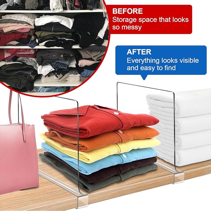 Acrylic Shelf Dividers for Closet Organization 6PCS Closet Shelf Divider Closet Dividers for Shelves Shelf Organizer for Closet Shelf Organizer for Wood Closet Separator Clear
