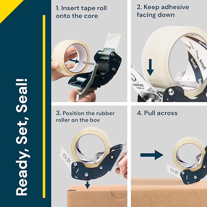 Excell RTS-82891 Low Noise Tape Dispenser, 2" Wide, 3" Core with Pushflap Technology & Static Cling Strip for Quiet, Smooth Carton Sealing - Includes Tape Roll, 1 Pack