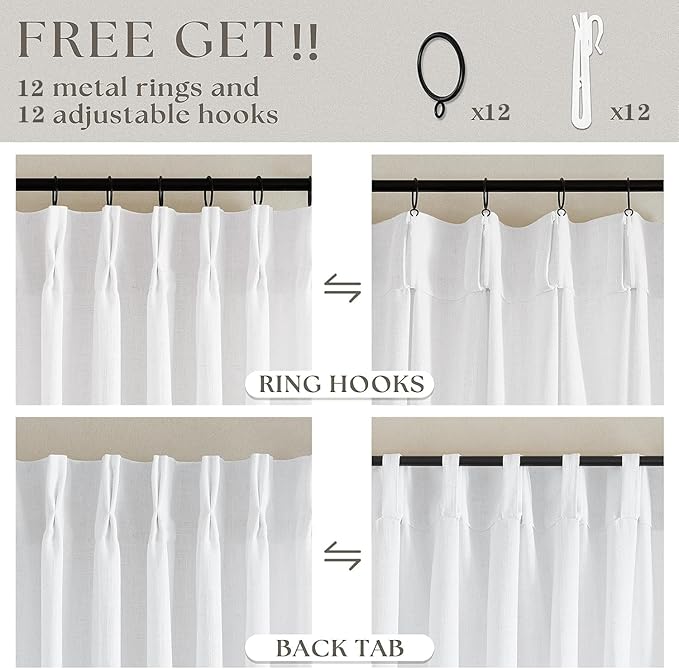 Extra Wide Pinch Pleated Linen Curtains 90 Inches Long 70 Inch Width for Living Room Bedroom Light Filtering White Semi Sheer Pleat Window Curtain Pinch Pleated Drape with Hooks Rings 1 Panel 70x90