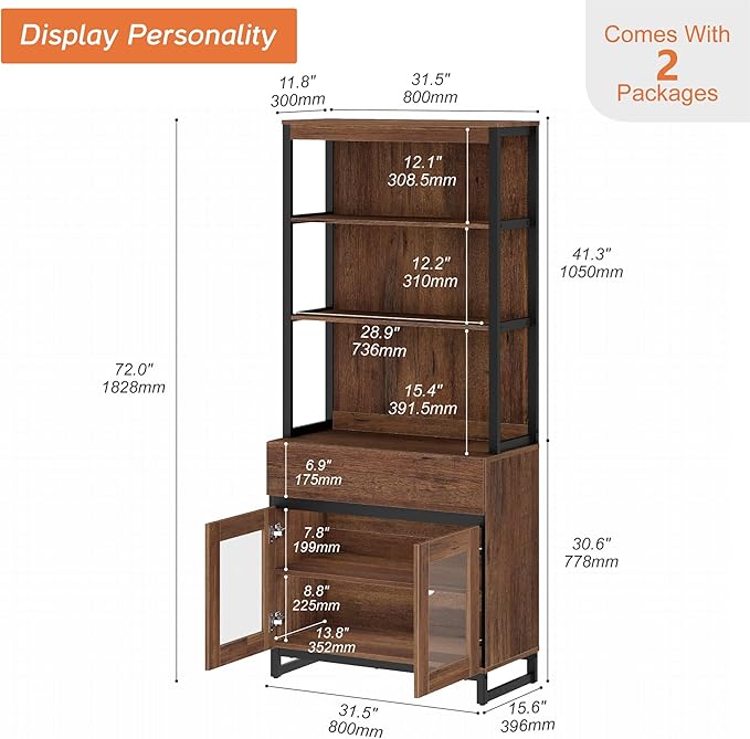 WAMPAT Modern 72" Tall Bookcase with Drawer and Open Book Shelfs, Library Book Shelf with Glass Doors Storage Cabinet, Wood Freestanding Bookshelf for Home Office, Living Room, Brown