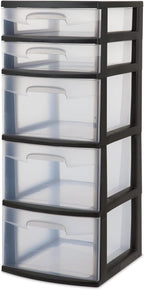 5-Tier Storage Drawer,with Both Shallow and Deep Clear Plastic Storage Organizer Drawer Tower，Suitable for Bedroom,Bathroom and Office Organization Black