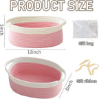 Woven Basket,Small Rope Storage Bin with Handles & Ribbon Bag, Organizer for Shelves Closets,Gift Basket Empty for Birthday,Books,Dog Toys, White&Pink/2 Pack