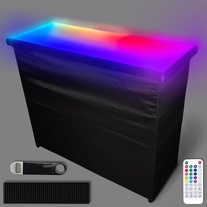 Commercial Grade Glowing Premium Portable Bar Table w/Mobile App, Wireless Remote, Bluetooth Connectivity, Folding Legs, Black Fabric Bar Skirt, 2 Storage Shelves & 2 Carrying Cases - Black Skirt