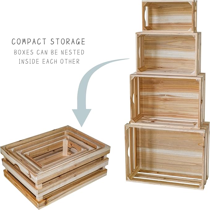 Set of 4 Large Wooden Crates Unfinished Office Storage Crates, Decorative Wood Storage Crates for Display, Rustic Pine Wood Organizer Bin Basket for Kitchen Pantry Bathroom