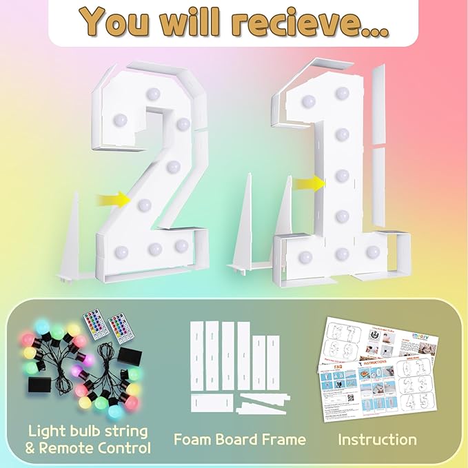 Marquee Numbers Colorful 21st Birthday Decoration: 4FT Large Light Up 21 Year Old Birthday Decorations Anniversary Backdrop Cardboard Sign 18 Colors Number 21 Mosaic Balloon Frame