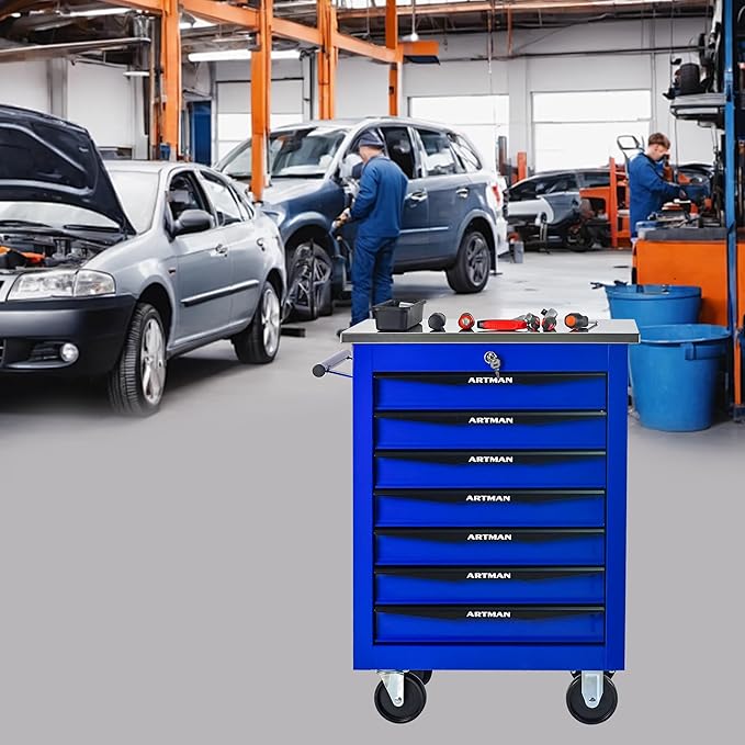 7 Drawer Rolling Tool Chest with Locker, 22.2" D Metal Movable Lockable Tool Cart Box Multi-Functional Hardware Storage Cabinet Box for Warehouse Basement Home Pantry Garage