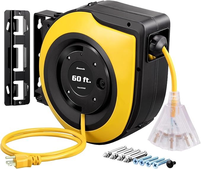DEWENWILS Retractable Cord Reel, 60FT Heavy Duty Extension Cord, 12AWG/3C SJTOW, 3 Grounded Outlets Lighted Triple Tap, 15A Circuit Breaker, Wall/Ceiling Mounted for Garage, Workshop, UL Listed